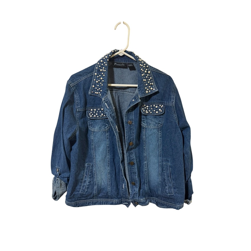 Frazzle Womens 2X Denim Jacket Jean Pearl Rhinestone Embellished Blue Cotton